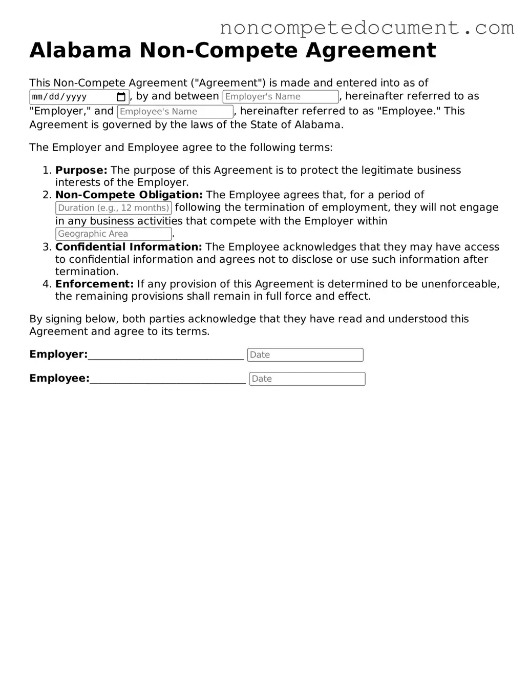 Fillable Alabama Non-compete Agreement Template