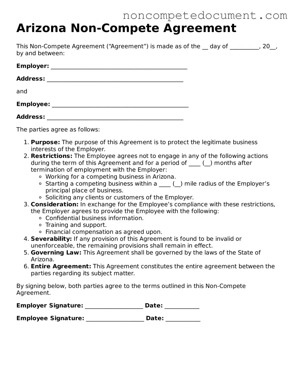 Fillable Arizona Non-compete Agreement Template