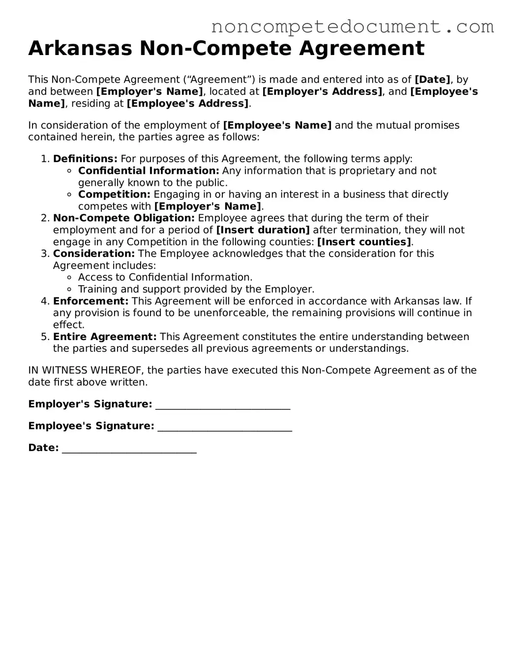 Fillable Arkansas Non-compete Agreement Template