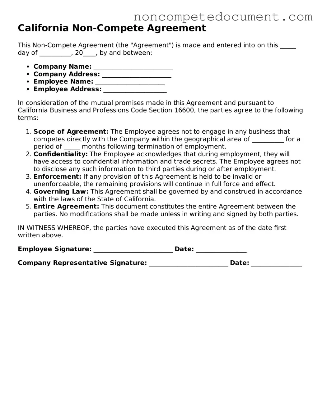 Fillable California Non-compete Agreement Template