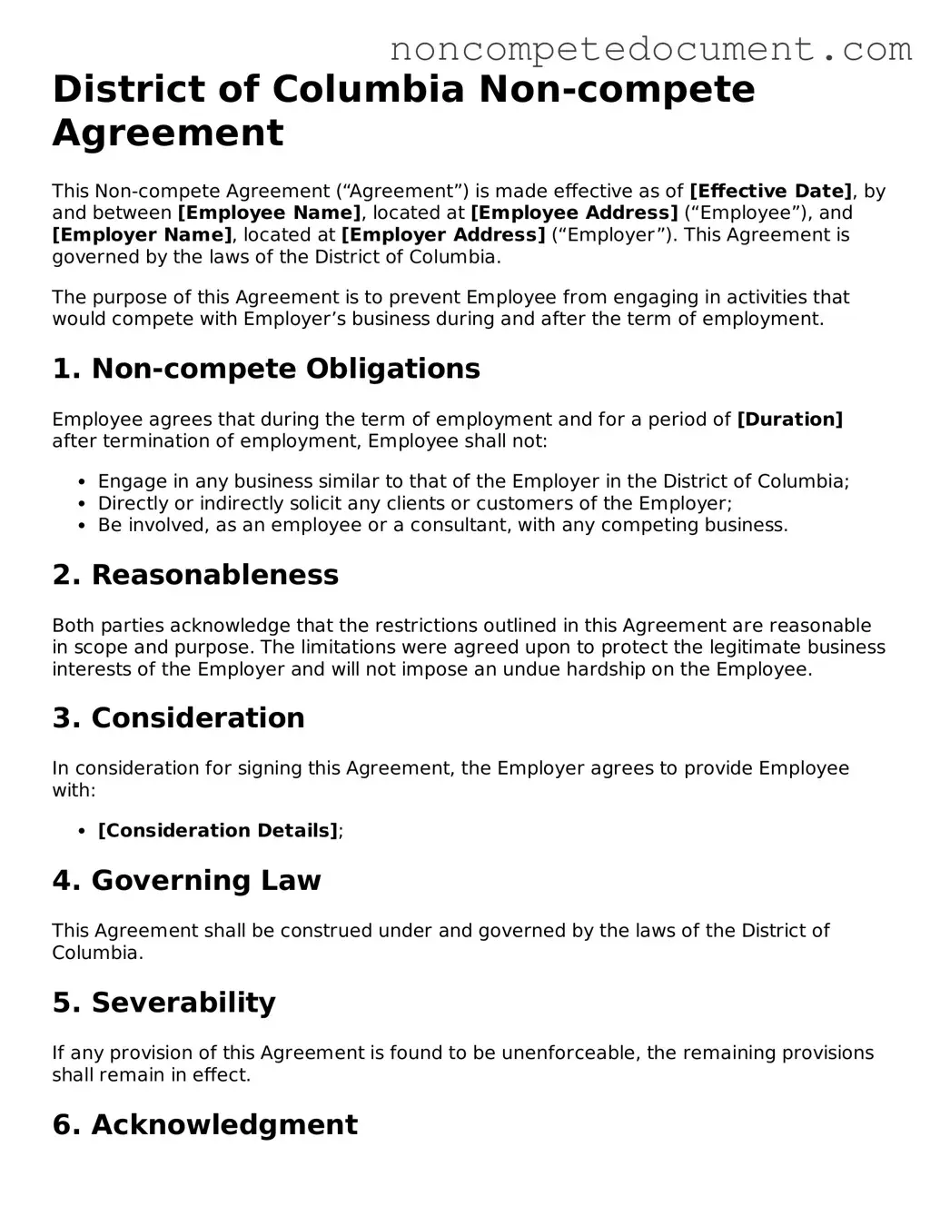 Fillable District of Columbia Non-compete Agreement Template