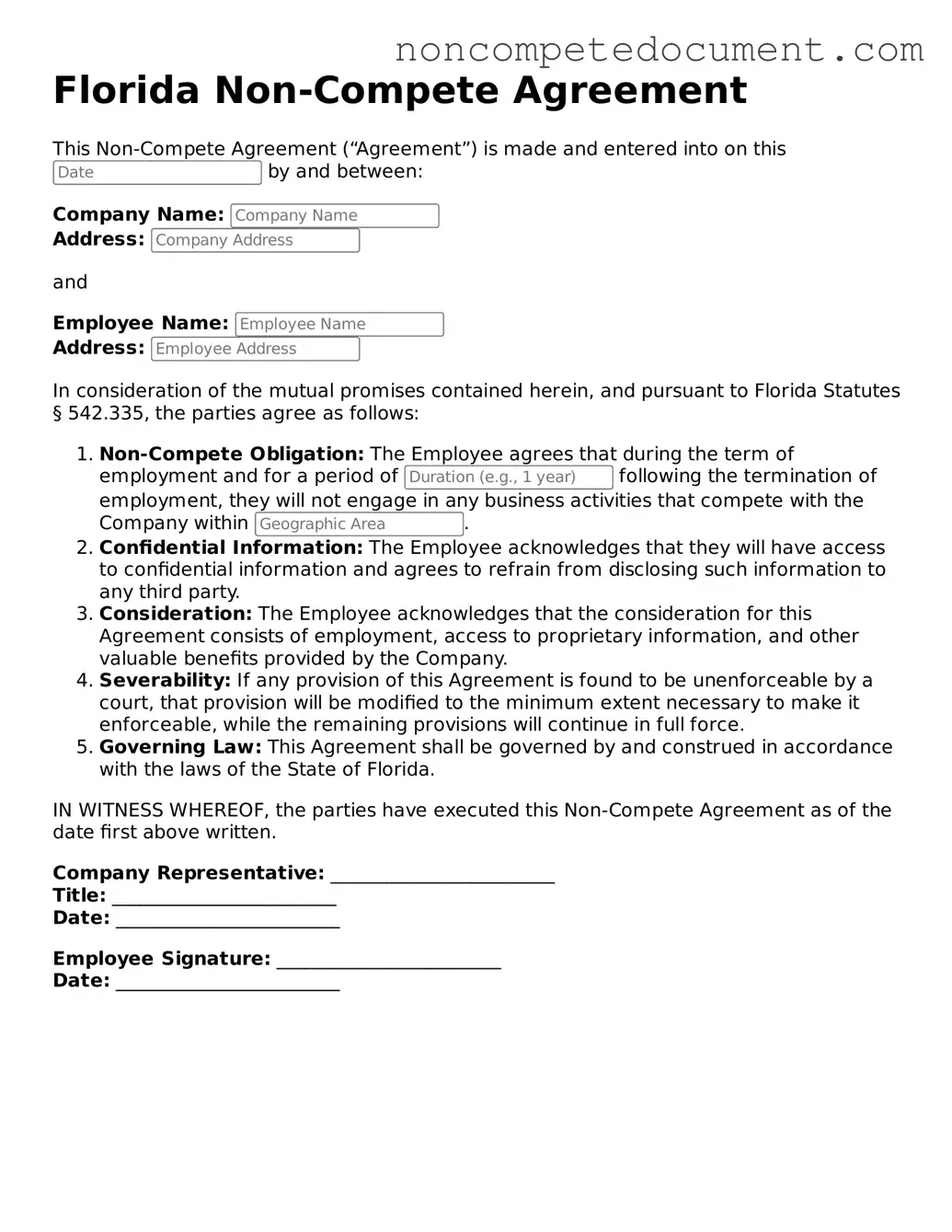 Fillable Florida Non-compete Agreement Template
