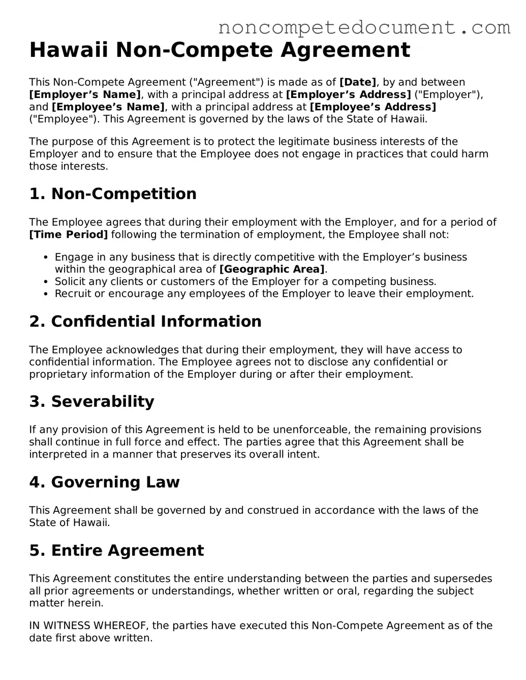 Fillable Hawaii Non-compete Agreement Template