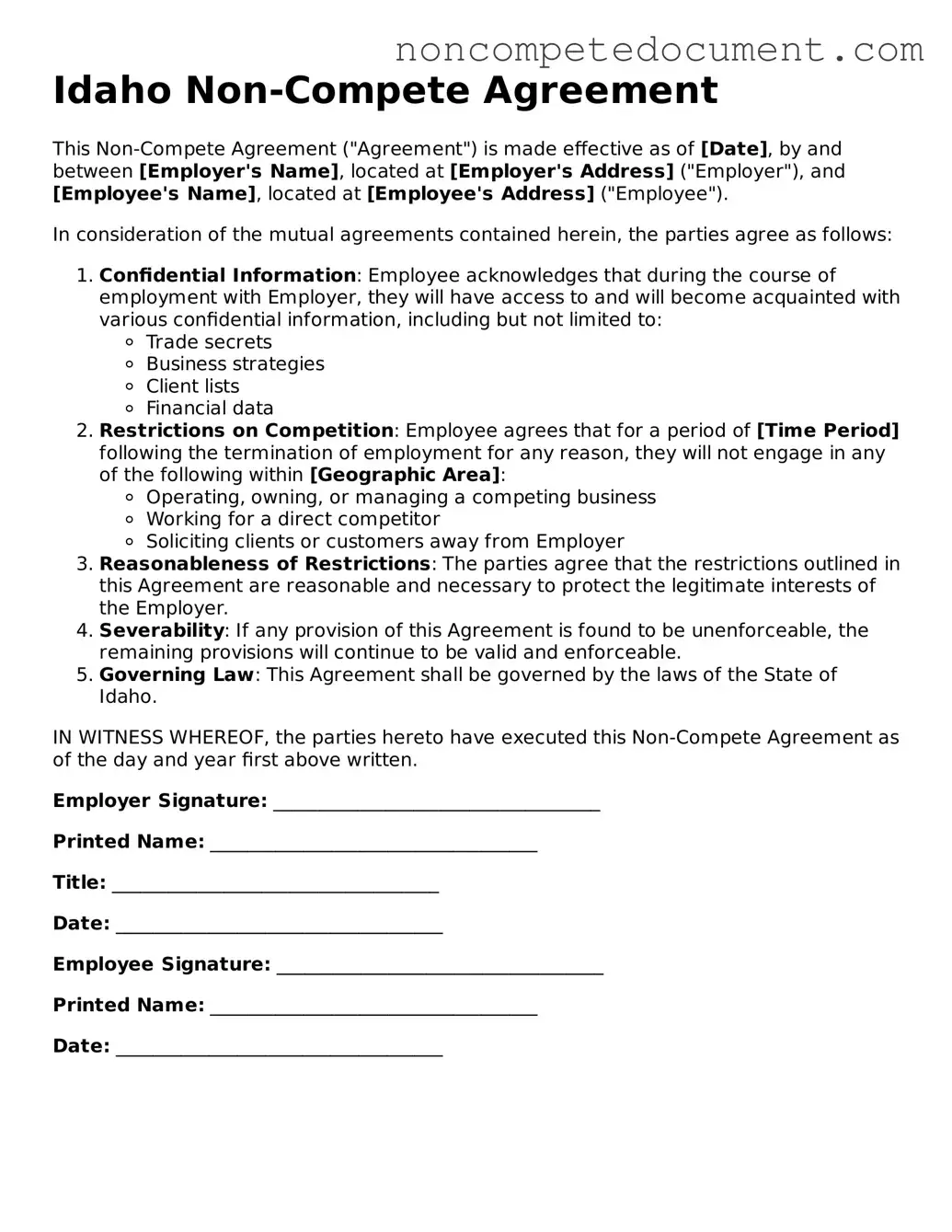 Fillable Idaho Non-compete Agreement Template