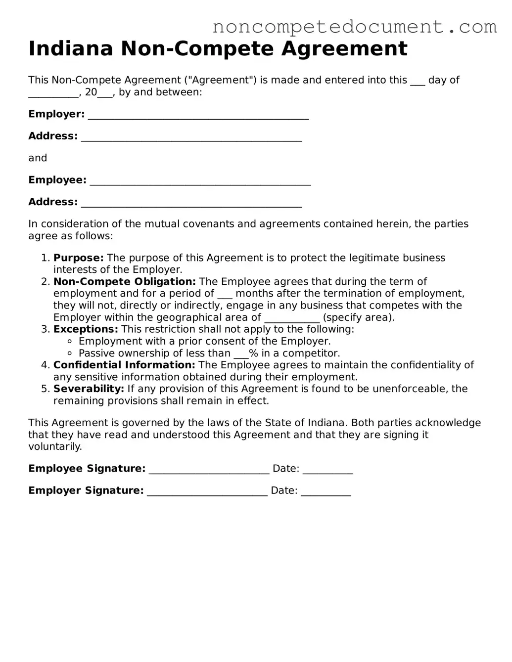 Fillable Indiana Non-compete Agreement Template