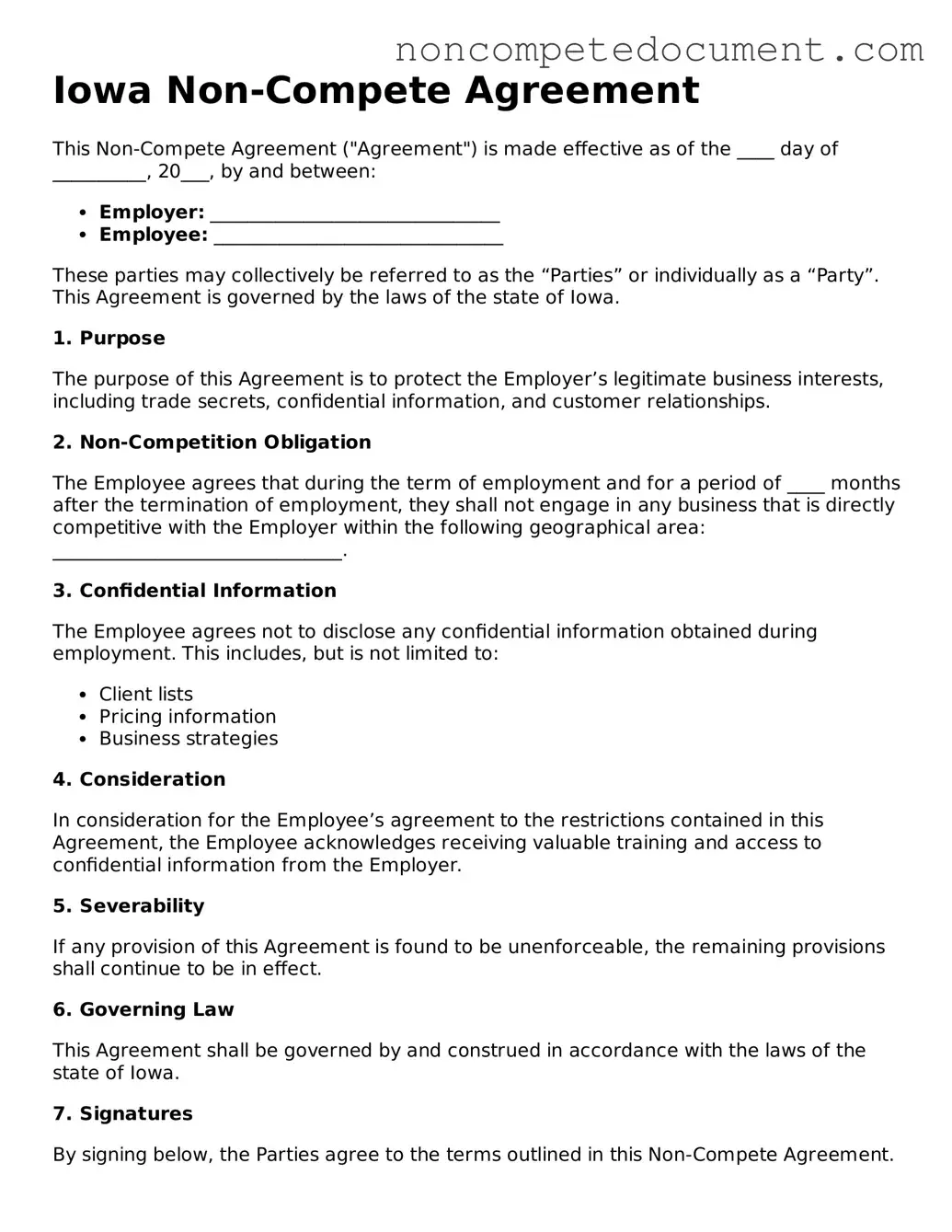 Fillable Iowa Non-compete Agreement Template