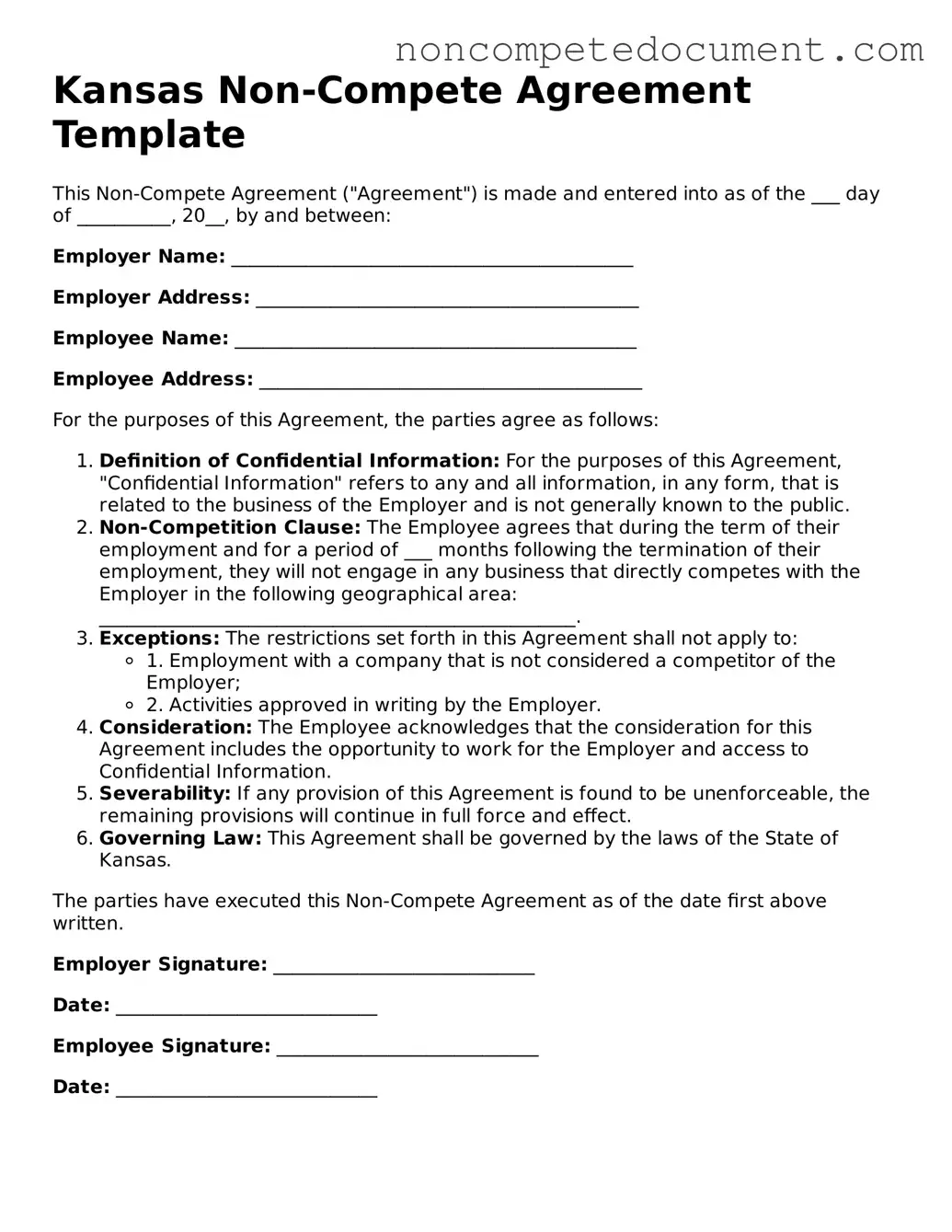 Fillable Kansas Non-compete Agreement Template