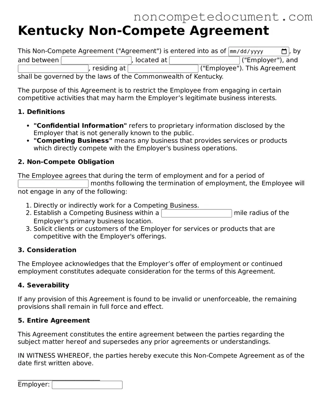 Fillable Kentucky Non-compete Agreement Template