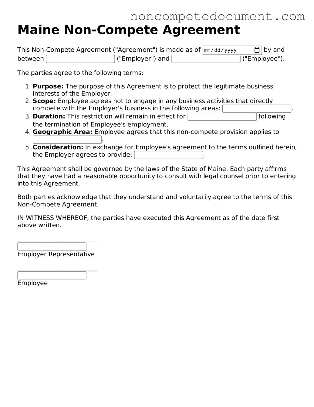 Fillable Maine Non-compete Agreement Template