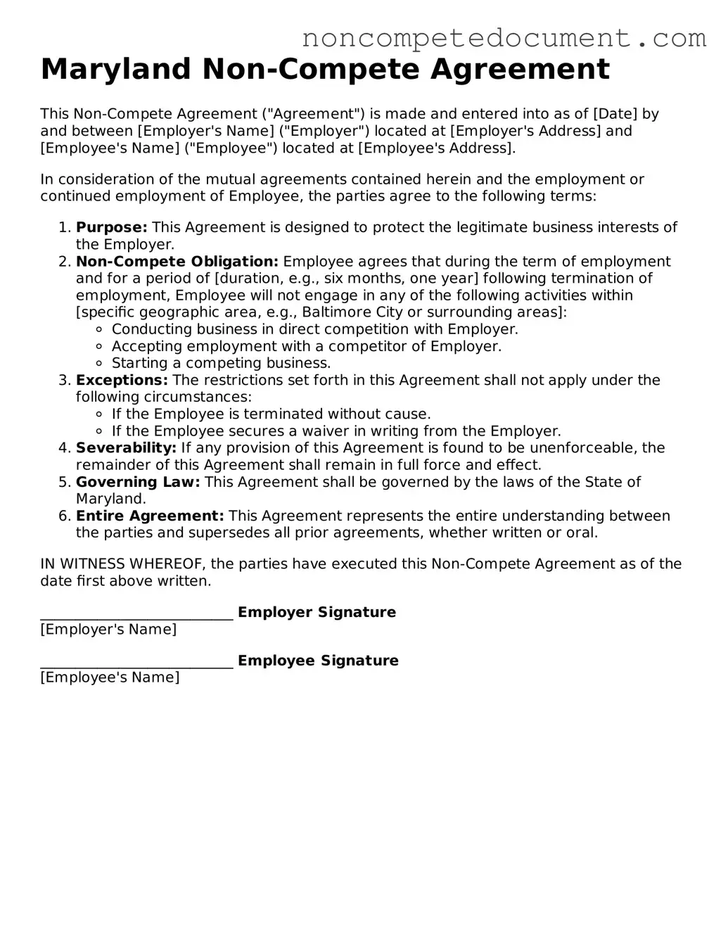 Fillable Maryland Non-compete Agreement Template