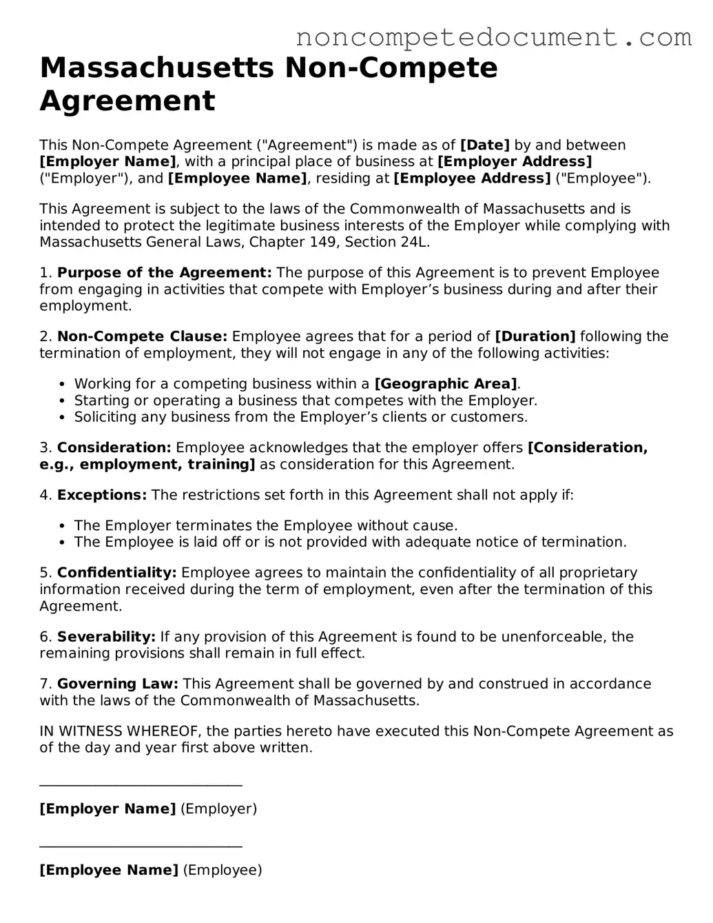 Fillable Massachusetts Non-compete Agreement Template