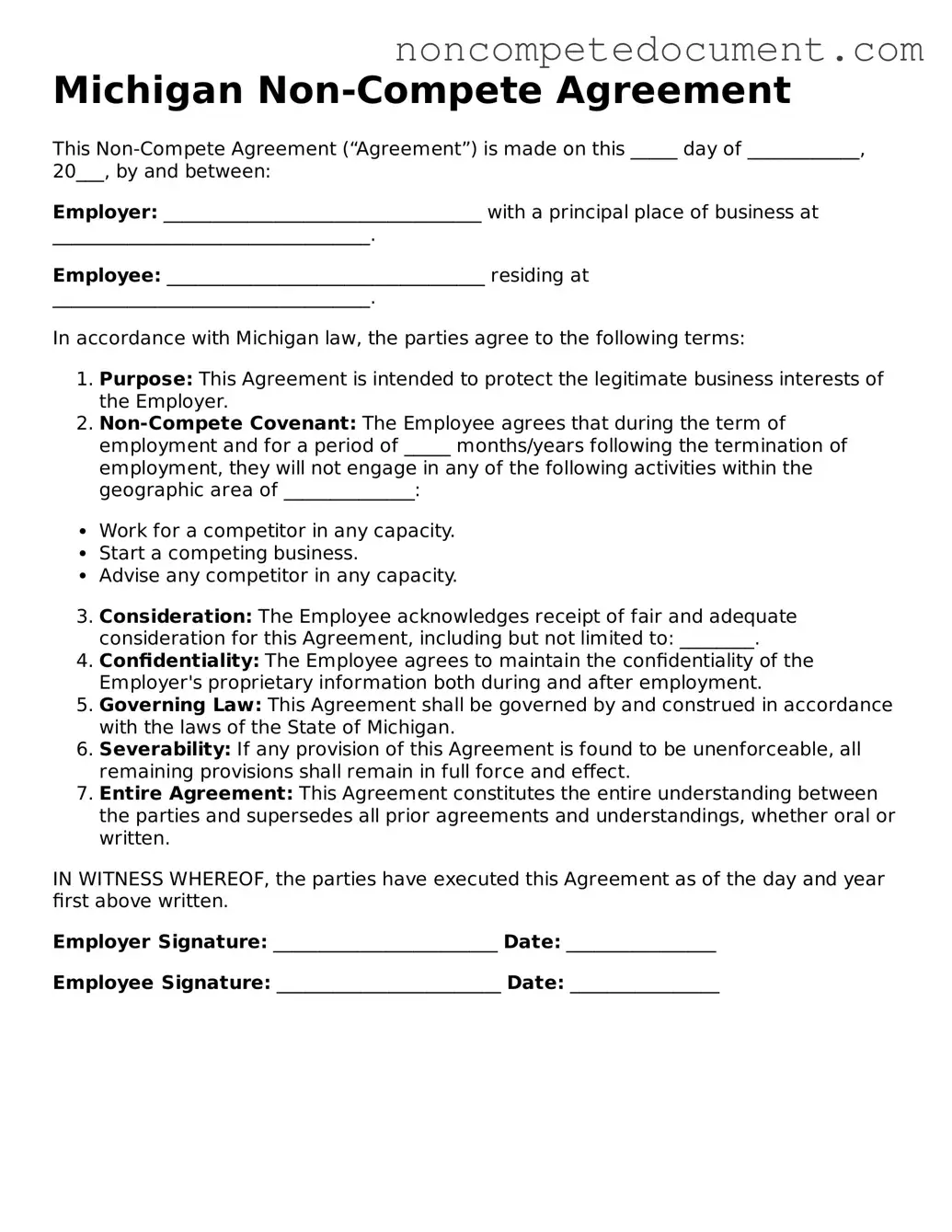 Fillable Michigan Non-compete Agreement Template