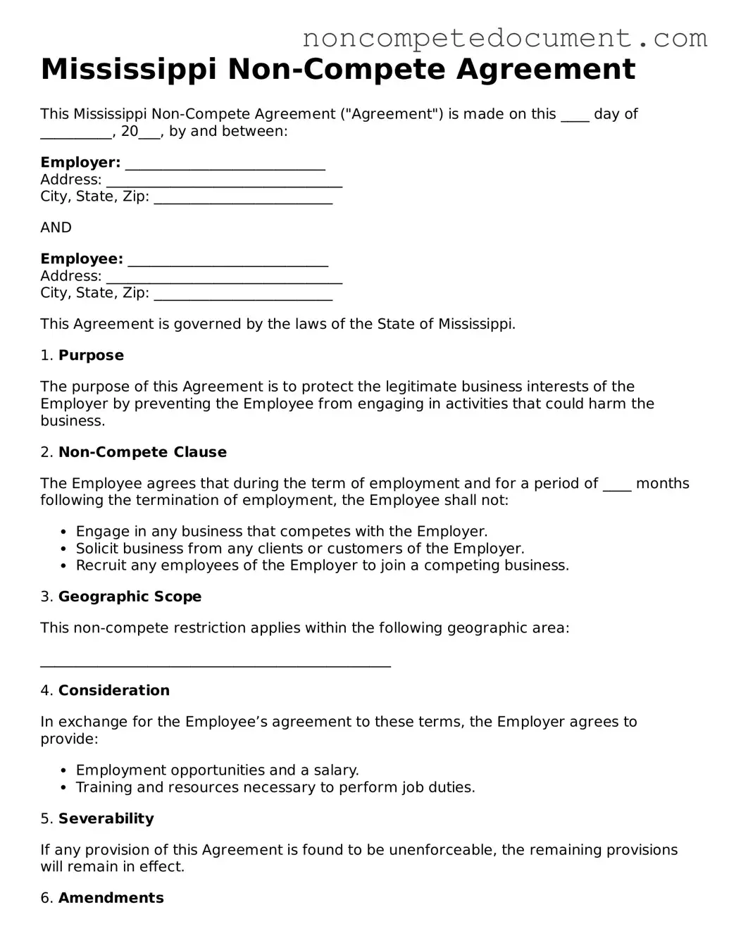 Fillable Mississippi Non-compete Agreement Template