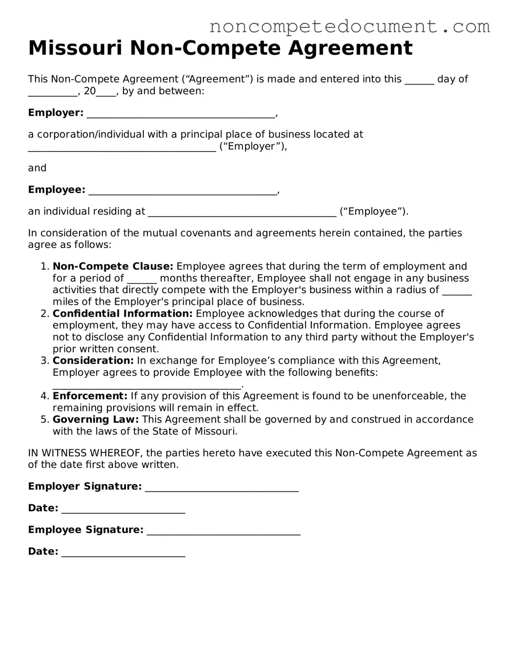 Fillable Missouri Non-compete Agreement Template