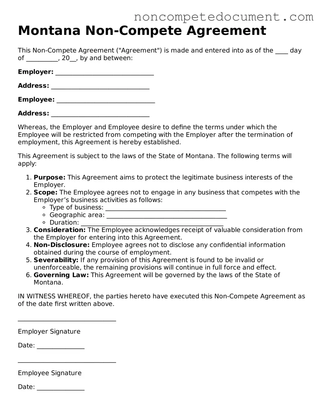 Fillable Montana Non-compete Agreement Template