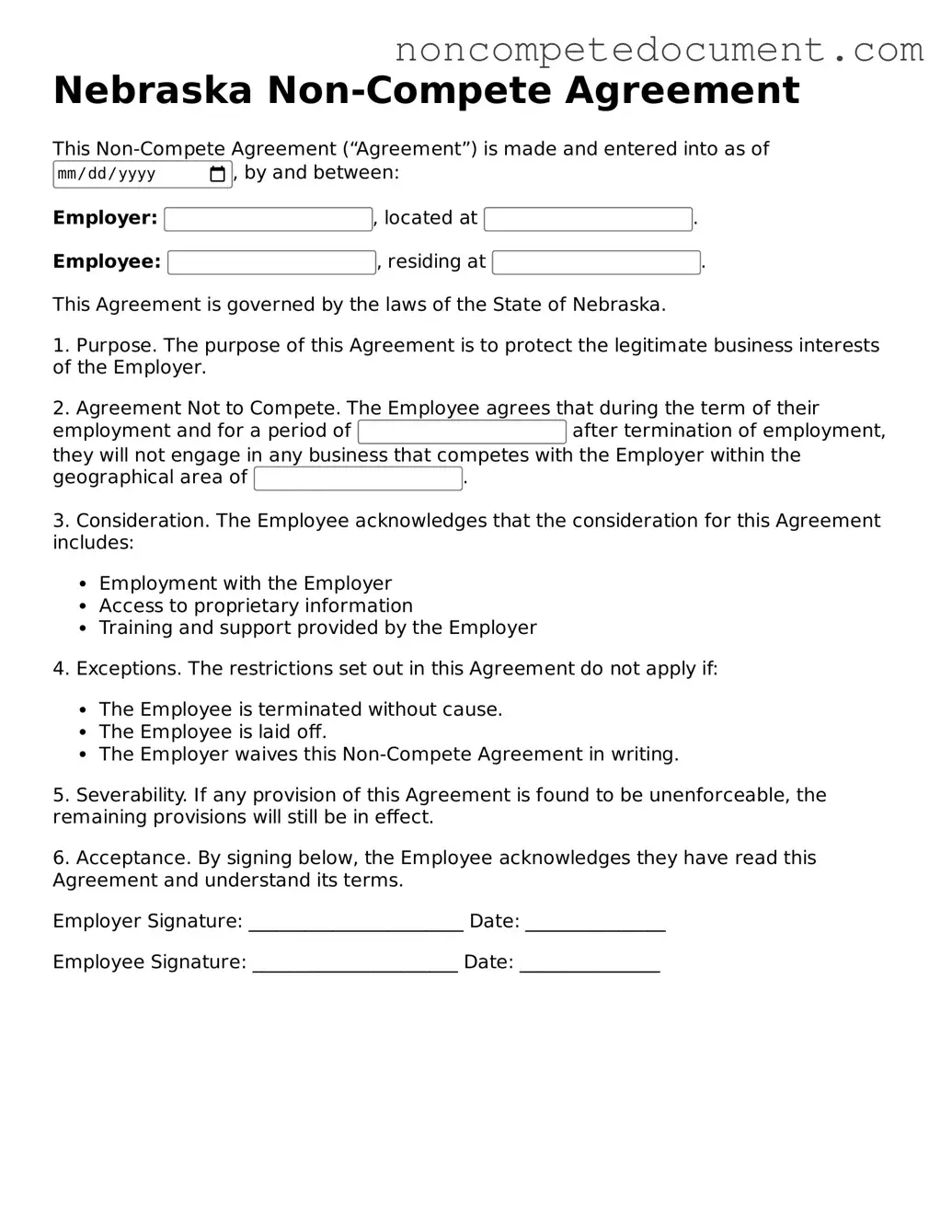 Fillable Nebraska Non-compete Agreement Template