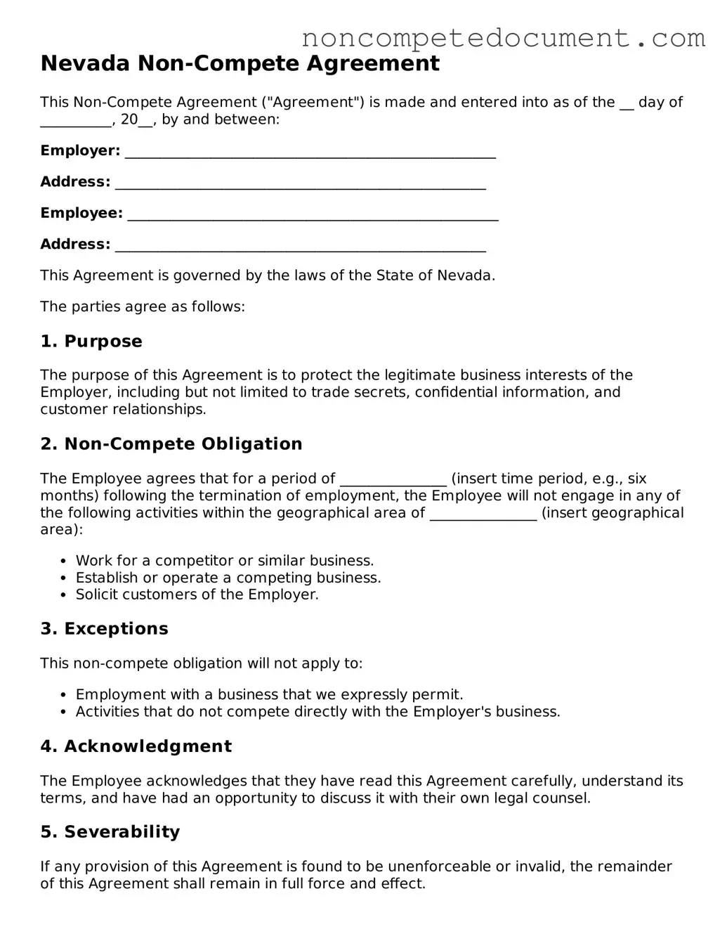 Fillable Nevada Non-compete Agreement Template