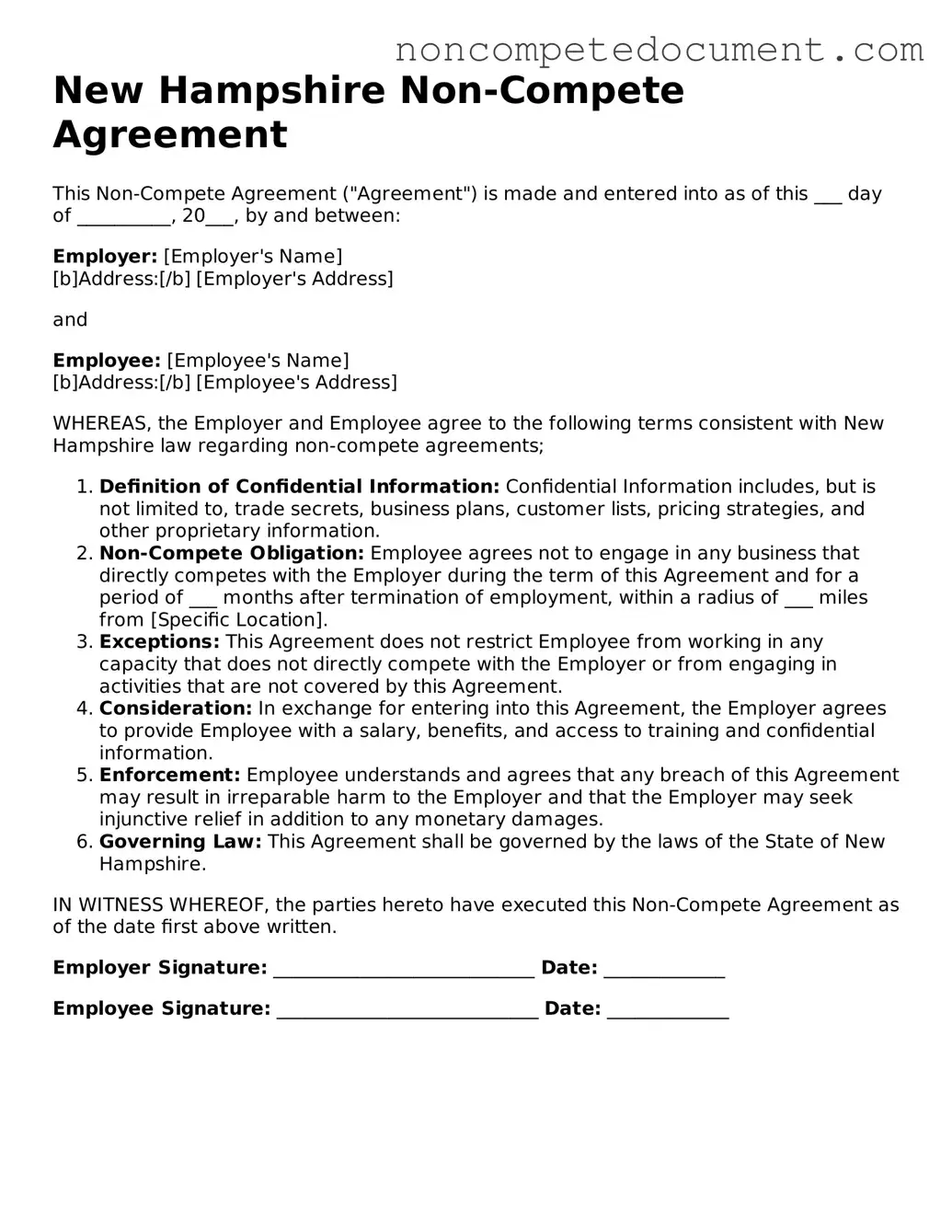 Fillable New Hampshire Non-compete Agreement Template