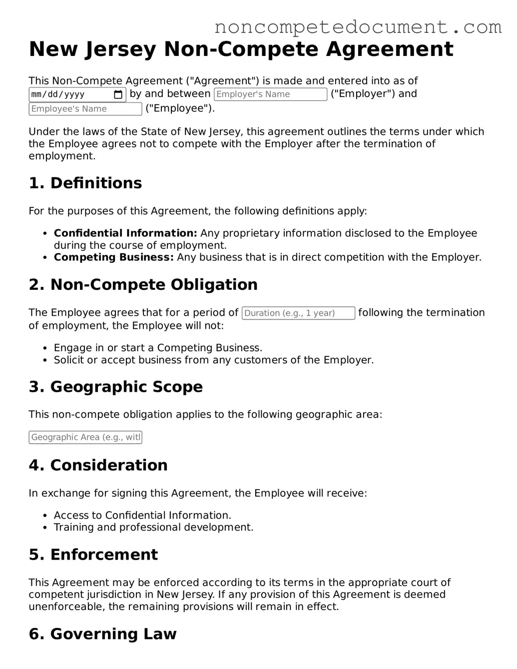 Fillable New Jersey Non-compete Agreement Template