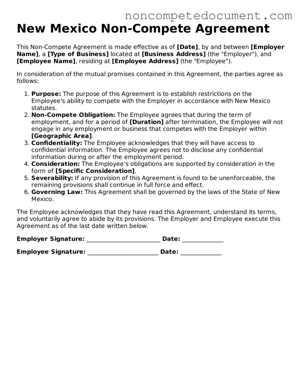 Fillable New Mexico Non-compete Agreement Template