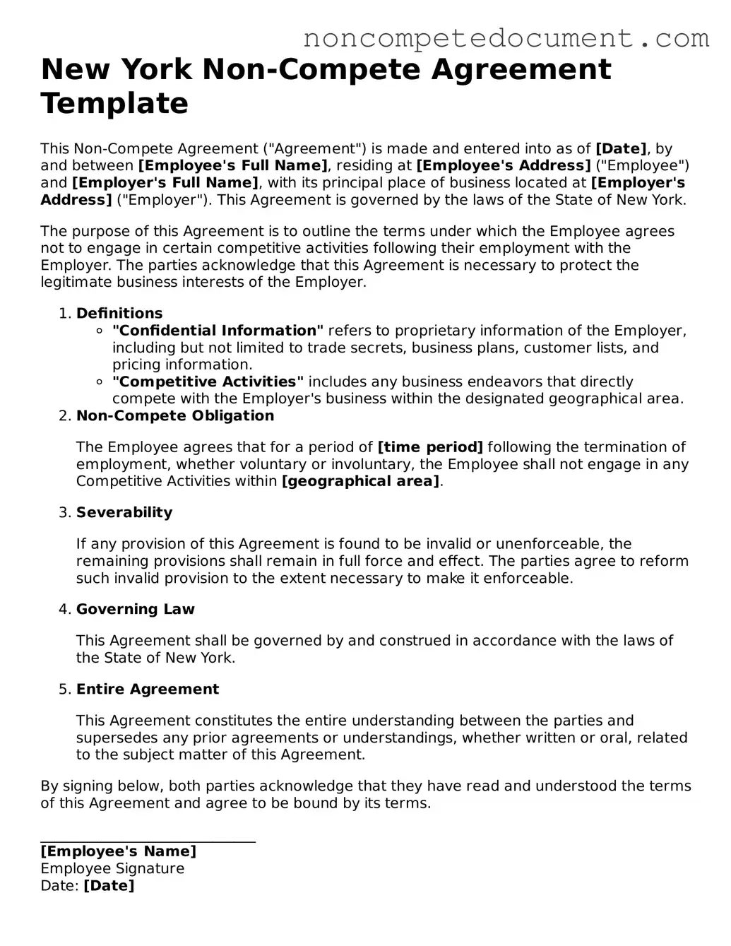 Fillable New York Non-compete Agreement Template