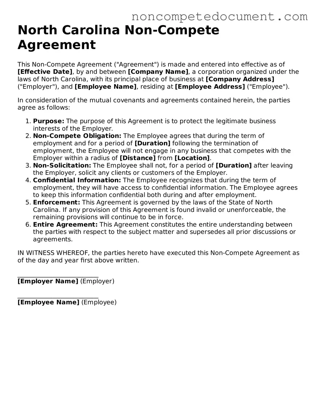 Fillable North Carolina Non-compete Agreement Template