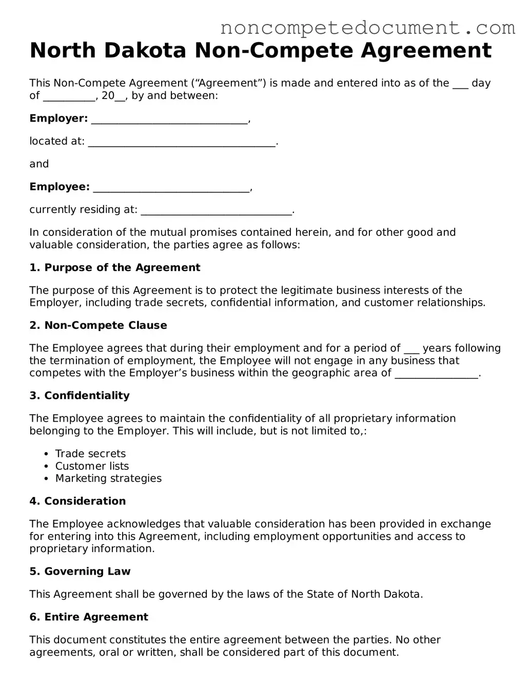 Fillable North Dakota Non-compete Agreement Template