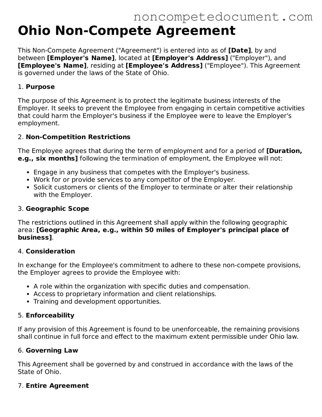 Fillable Ohio Non-compete Agreement Template