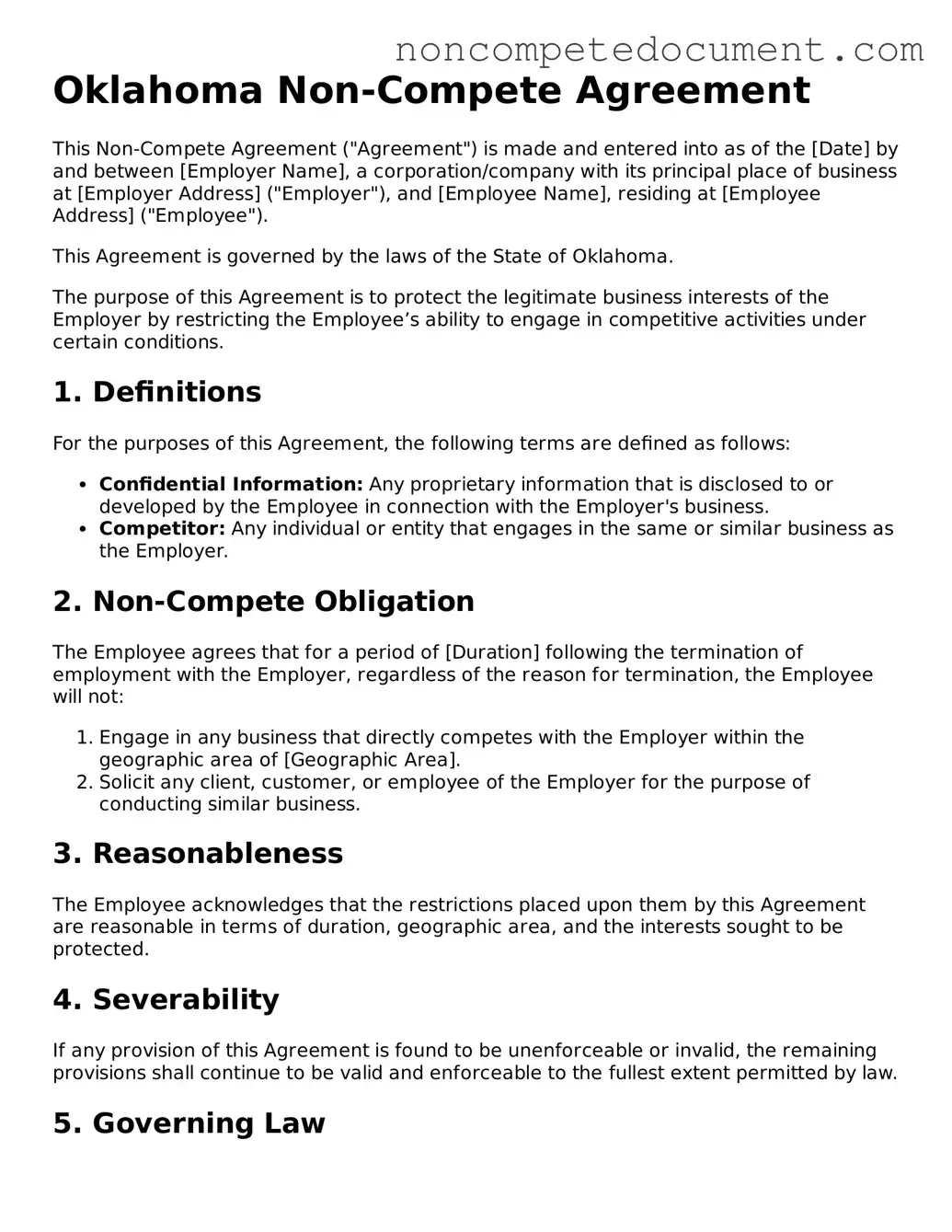 Fillable Oklahoma Non-compete Agreement Template