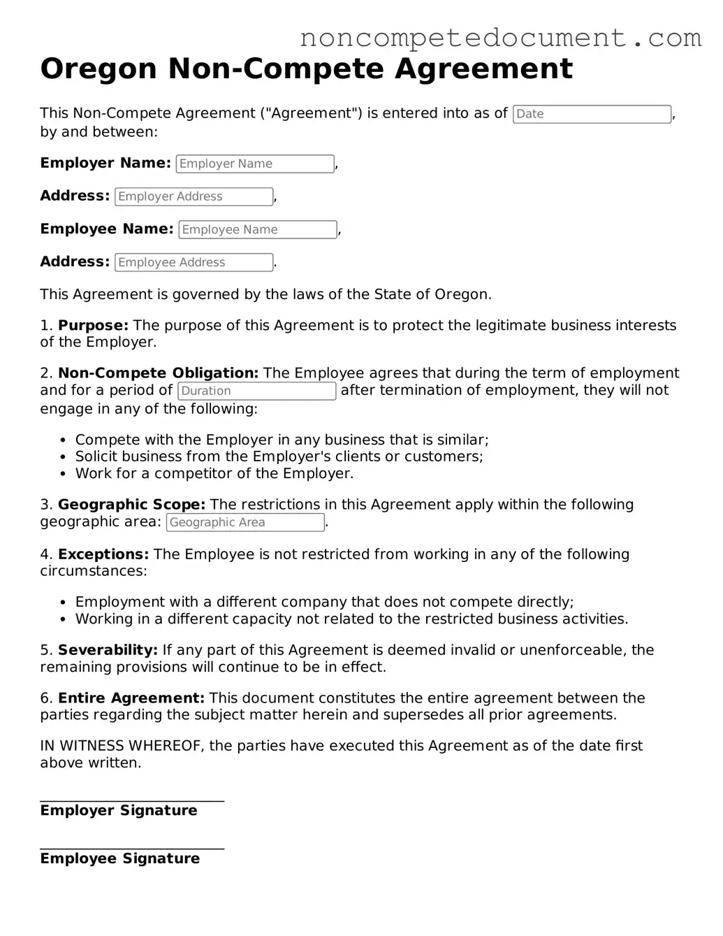 Fillable Oregon Non-compete Agreement Template