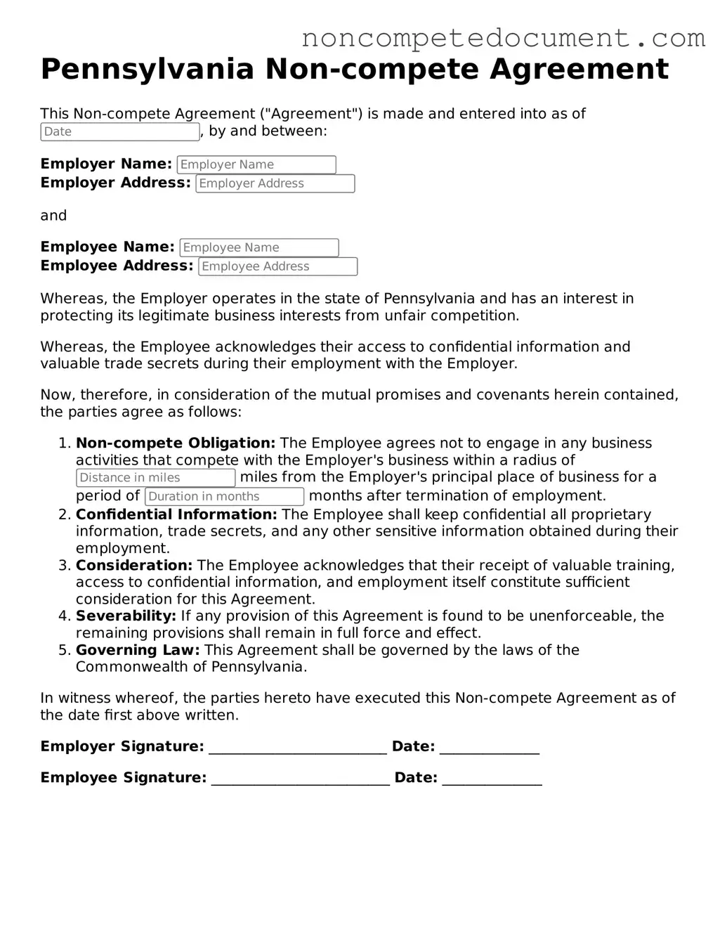 Fillable Pennsylvania Non-compete Agreement Template