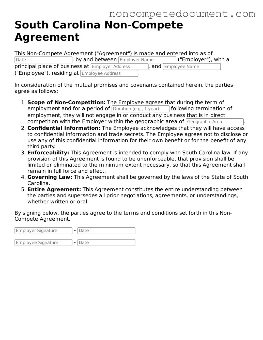 Fillable South Carolina Non-compete Agreement Template