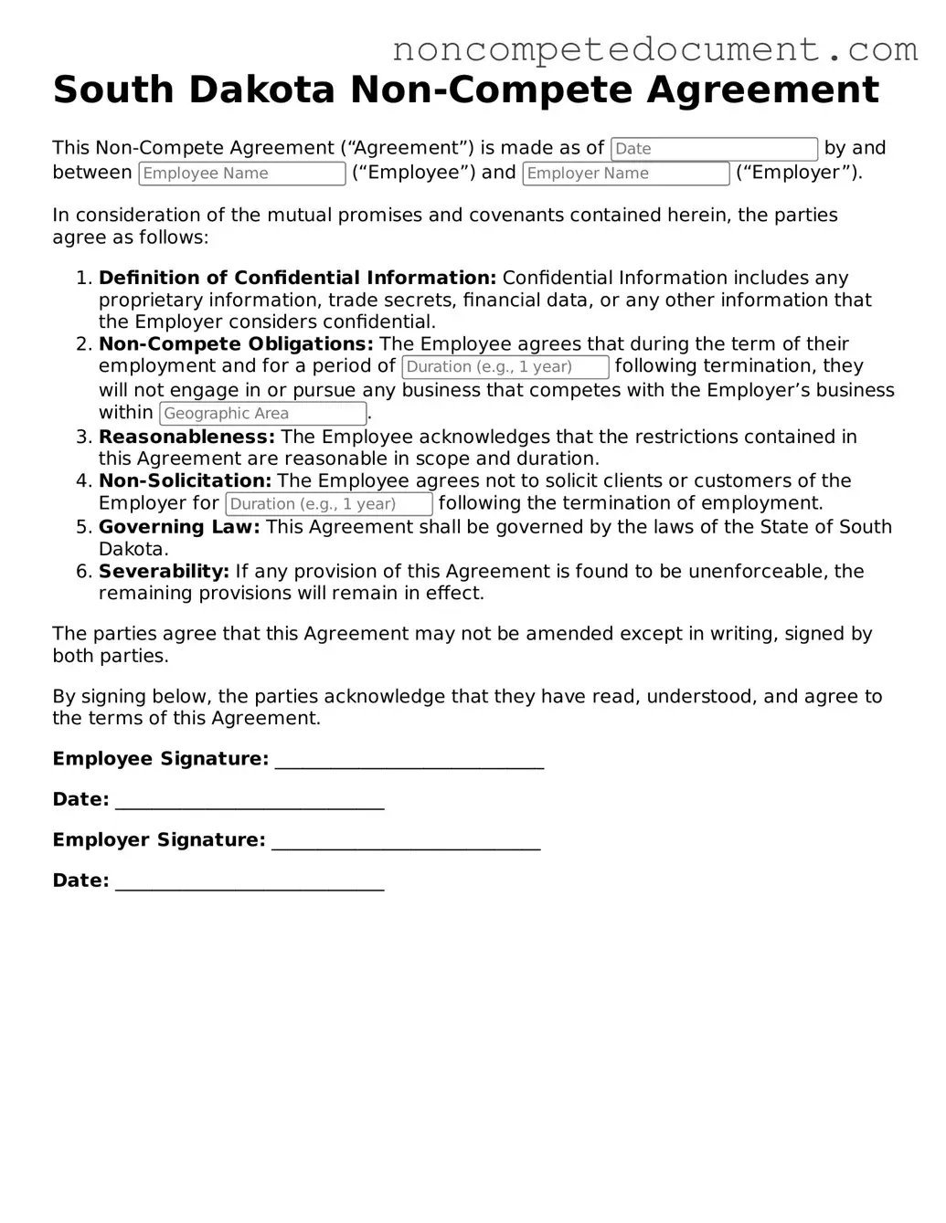 Fillable South Dakota Non-compete Agreement Template