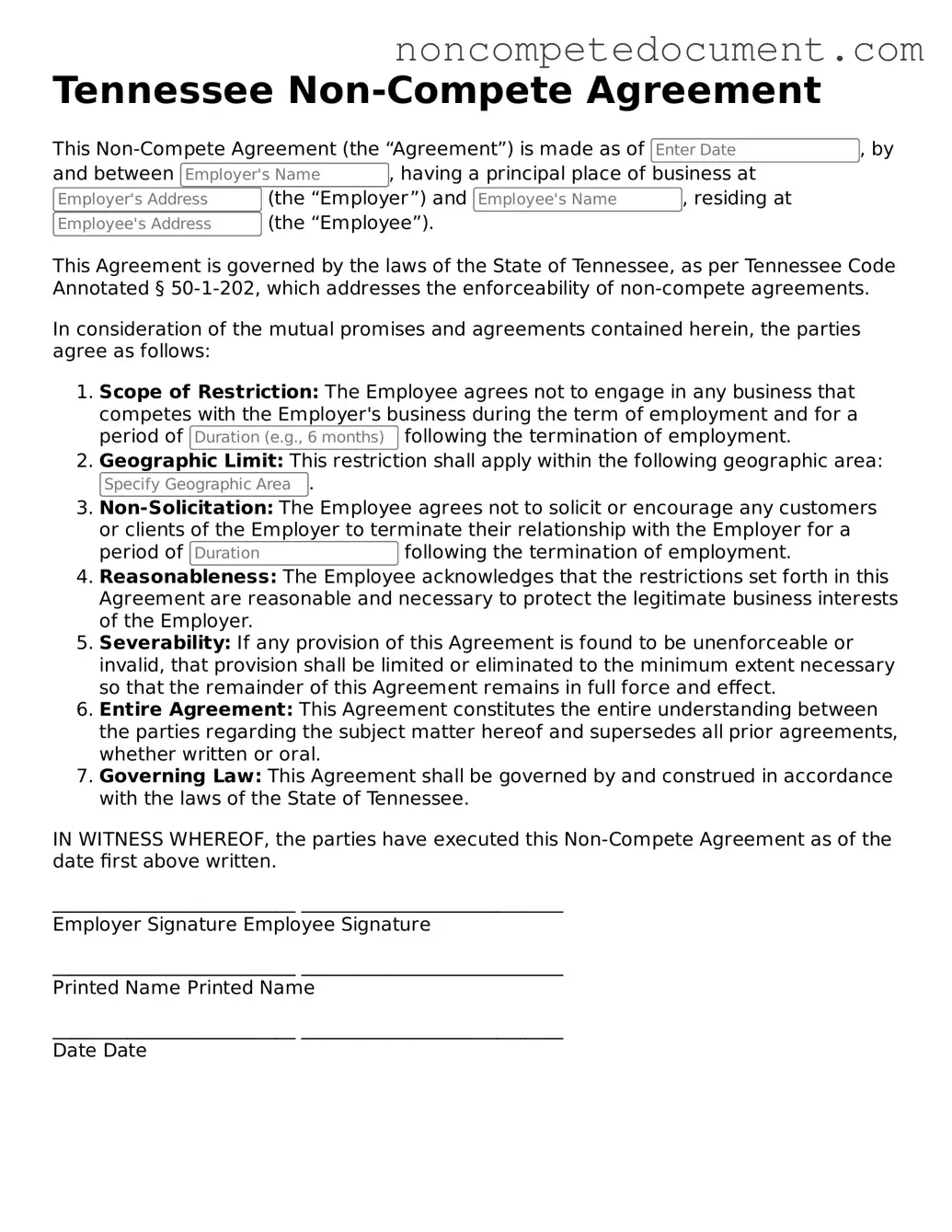 Fillable Tennessee Non-compete Agreement Template