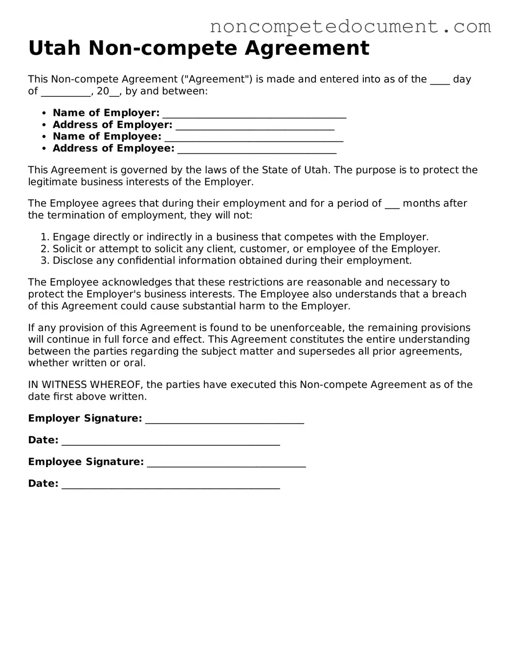 Fillable Utah Non-compete Agreement Template