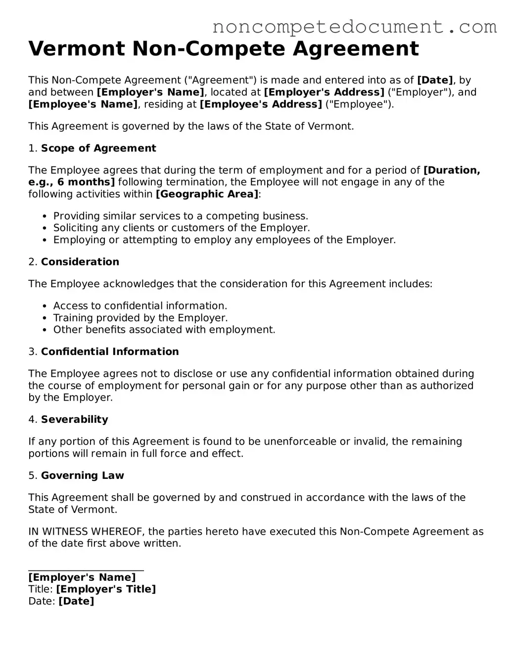 Fillable Vermont Non-compete Agreement Template