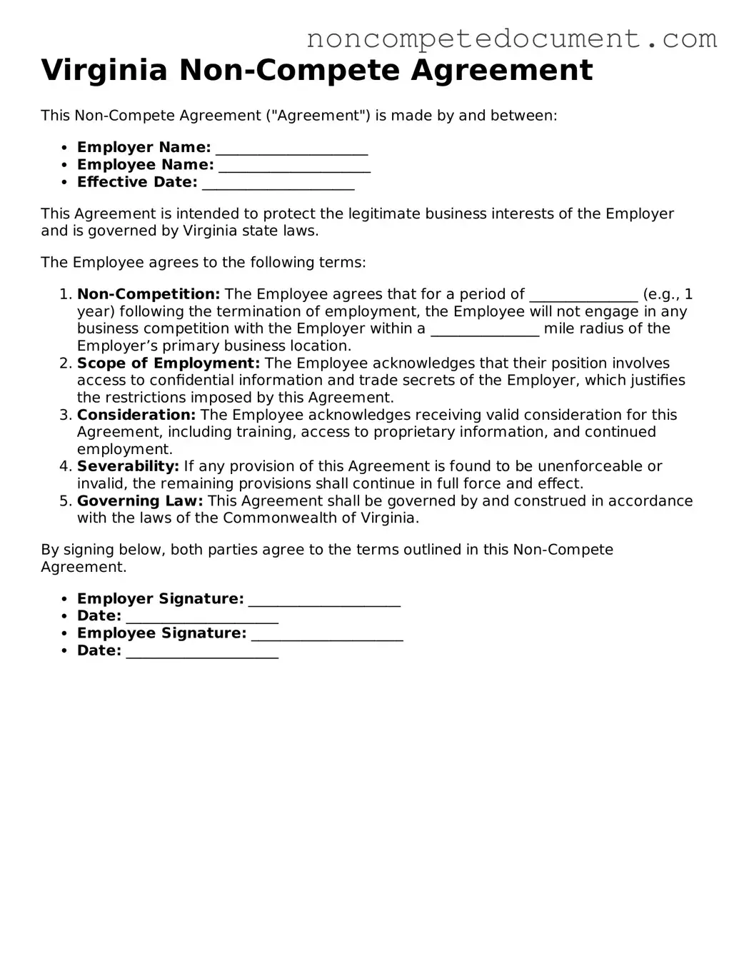 Fillable Virginia Non-compete Agreement Template