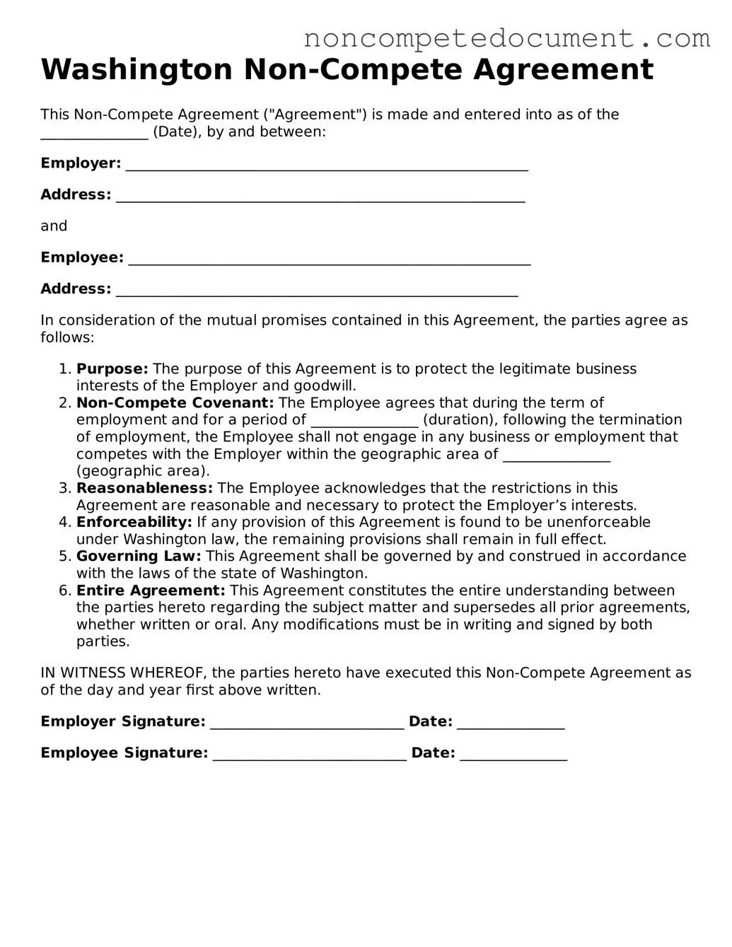 Fillable Washington Non-compete Agreement Template