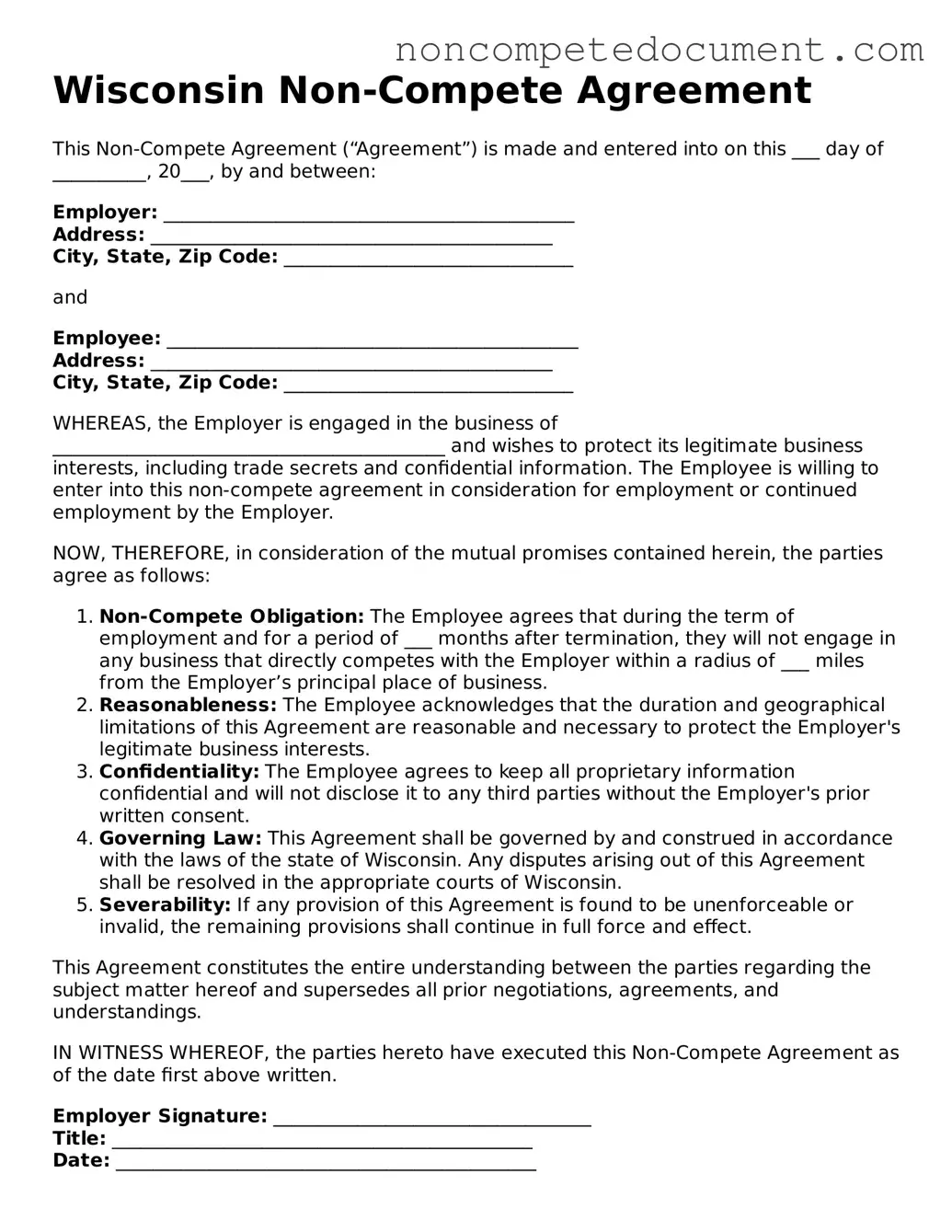 Fillable Wisconsin Non-compete Agreement Template