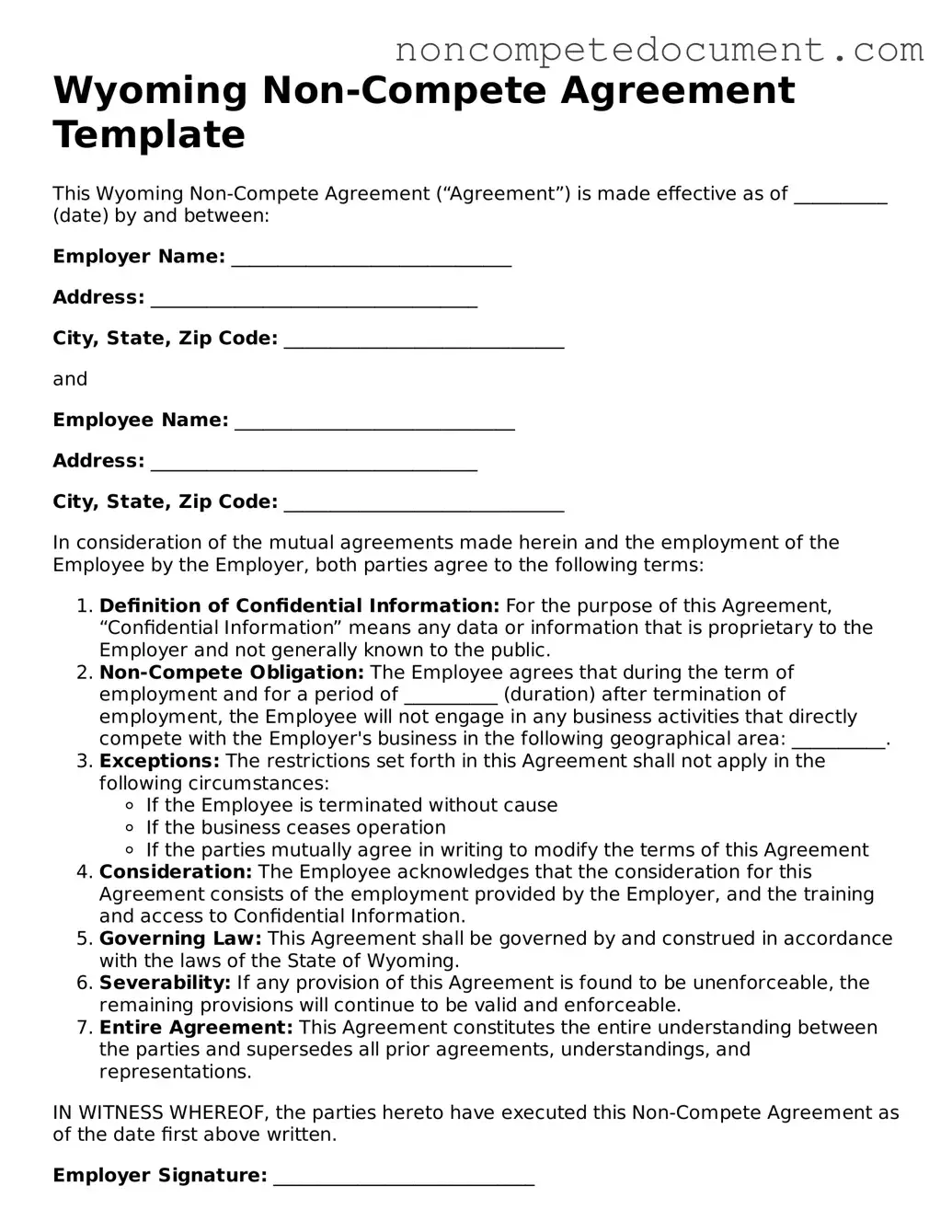 Fillable Wyoming Non-compete Agreement Template